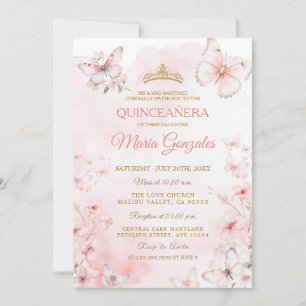 Invitation Papillon rose Floral Quinceañera