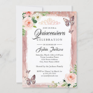 Invitation Papillon Rose Gold Pailleté Fleur Quinceanera