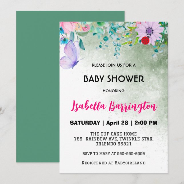 Invitation Papillon rose mou Fleurs blanches baby shower fill (Devant / Derrière)