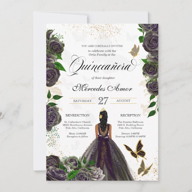 Invitation Papillon Rose noir Mariposa Quinceanera (Devant)