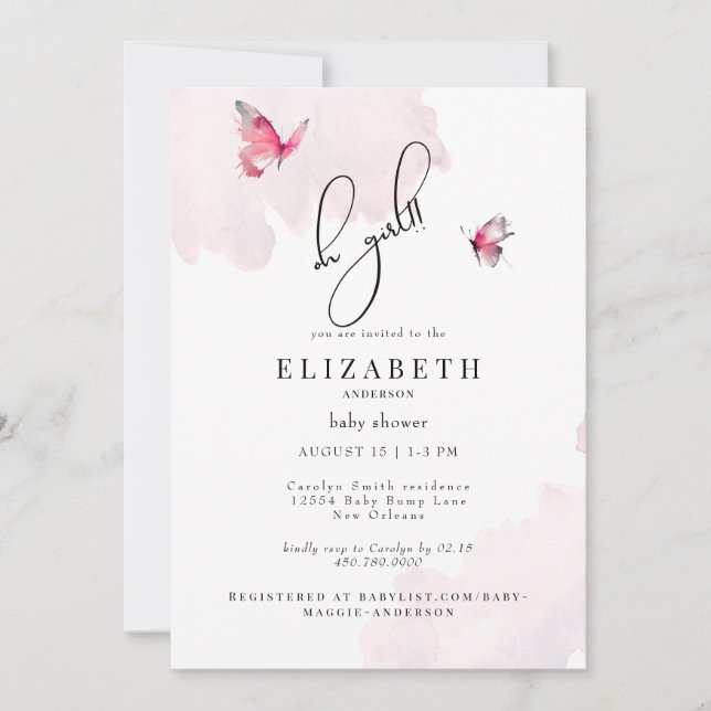 Invitation Papillon rose Oh Baby shower fille (Devant)