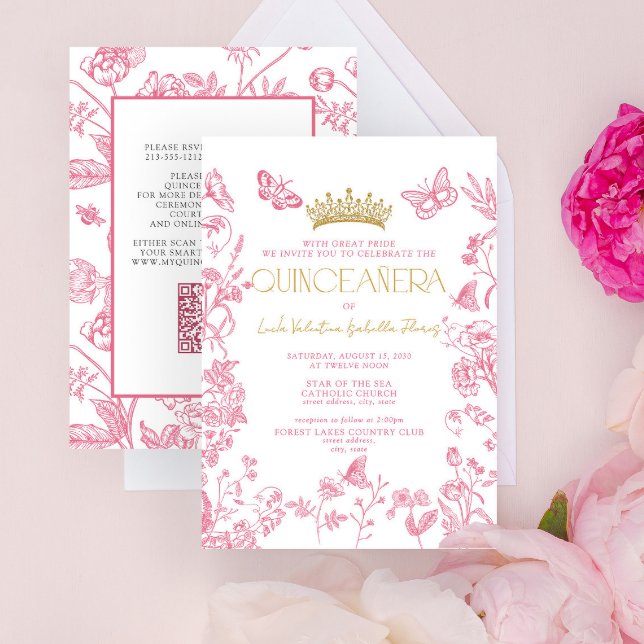 Invitation Papillon rose or QR Quinceañera Mis Quince Años (Créateur téléchargé)