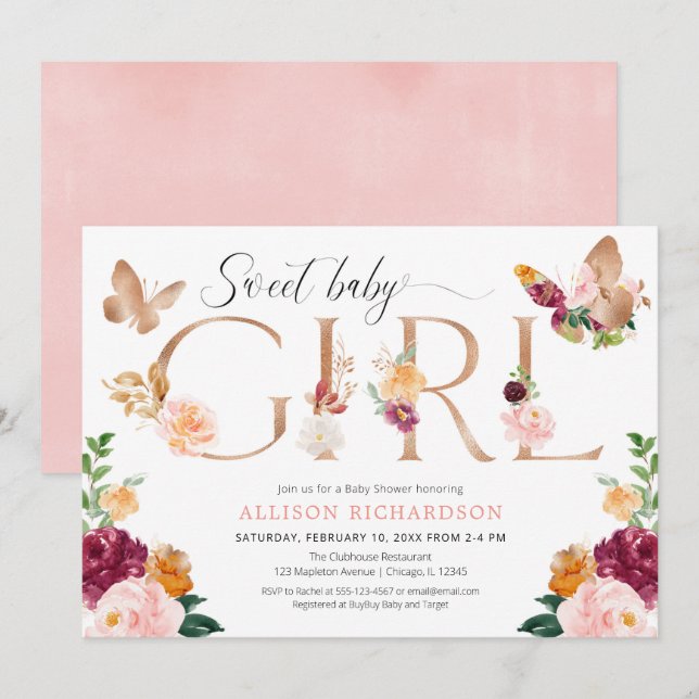 Invitation Papillon rose or rousse rose fille baby shower (Devant / Derrière)