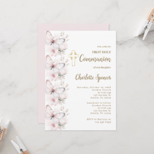 Invitation Papillon rose pâle Première Fille Communion