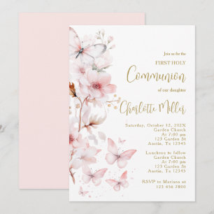 Invitation Papillon rose pâle Première Fille Communion