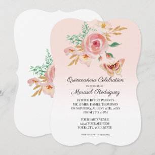 Invitation Papillon rose pâle Quinceañera avec fleurs en or