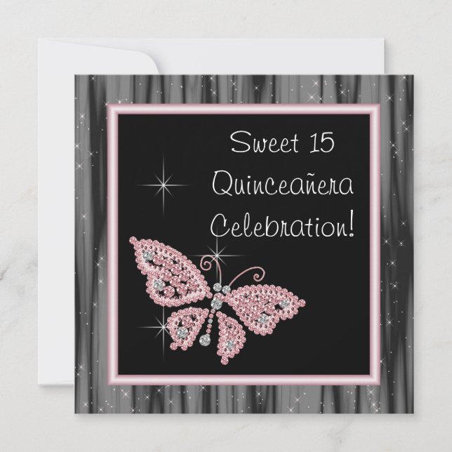 Invitation Papillon rose papillon noir Quinceanera (Devant)