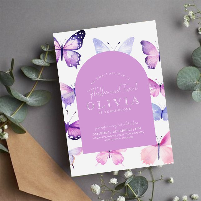 Invitation Papillon rose pourpre Fille 1er fête d'anniversair (Créateur téléchargé)
