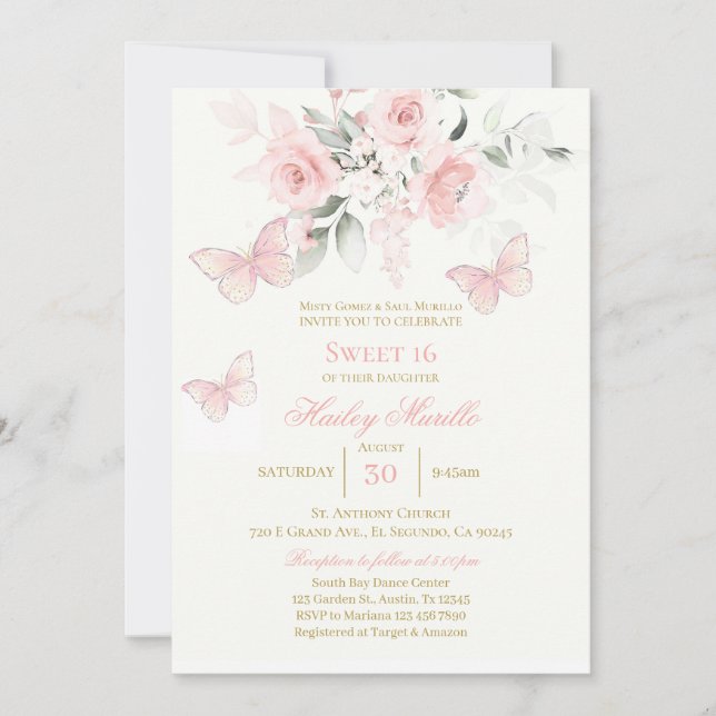 Invitation Papillon rose Quinceañera (Devant)