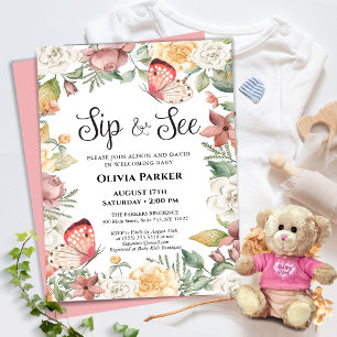 Invitation Papillon rose Rose Floral Baby Girl SIP ET VOIR