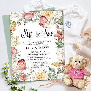 Invitation Papillon rose Rose Floral Baby Girl SIP ET VOIR