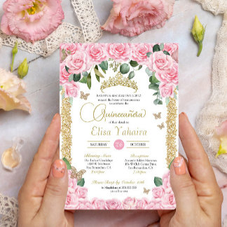 Invitation Papillon rose Rose floral et Quinceanera or