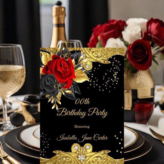 Invitation Papillon Rose Rouge Floral Diamants Dorés Fête d'a (Créateur téléchargé)