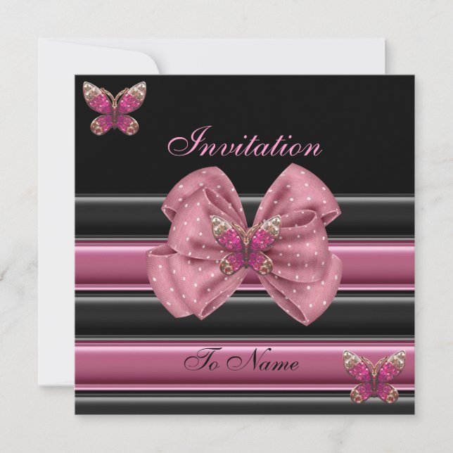Invitation Papillon Rose Ruban Noir Rayure 2 (Devant)