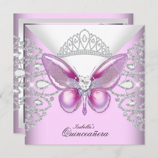 Invitation Papillon rose Tiara Quinceanera 15ème Parti (Devant / Derrière)