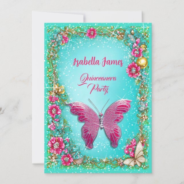 Invitation papillon rose turquoise de Quinceañera (Devant)