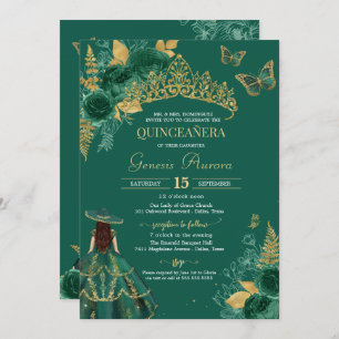 Invitation Papillon Rose Vert Or Emerald Quinceañera