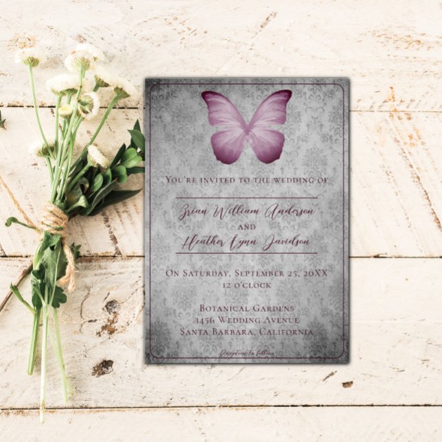 Invitation Papillon rose Vintage Mariage damassé (Pink Vintage Butterfly Damask Wedding Invitation)