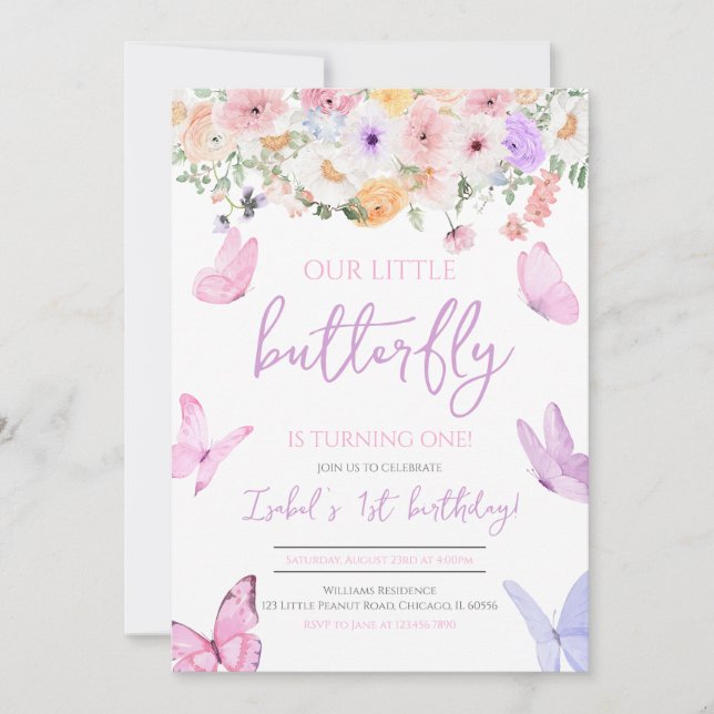 Invitation Papillon rose violet Anniversaire (Devant)