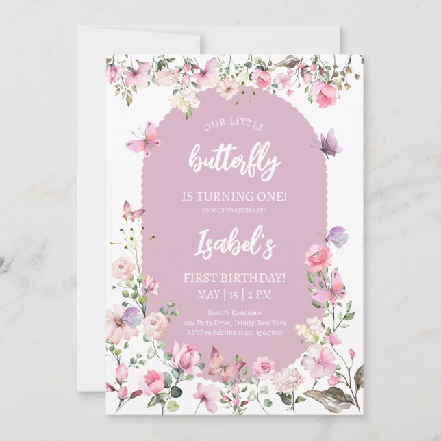 Invitation Papillon rose violet Anniversaire (Devant)