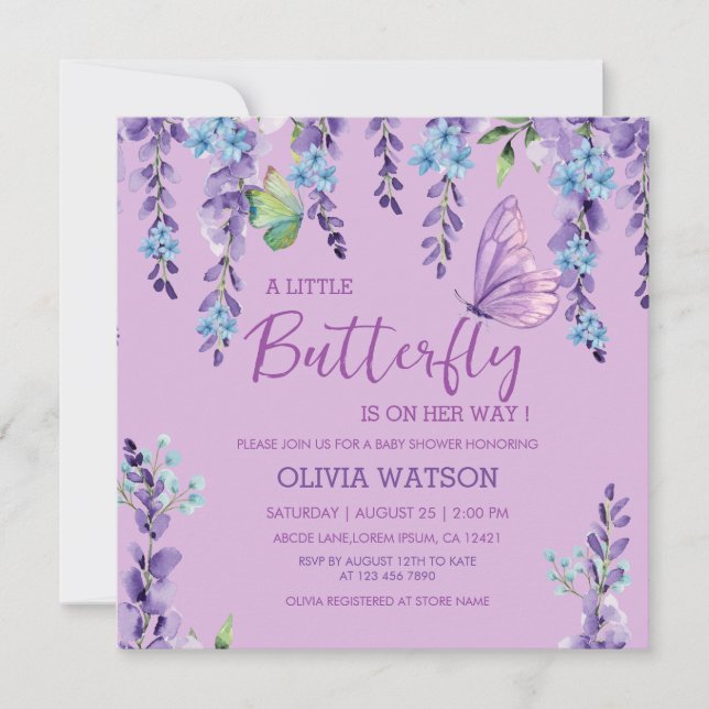 Invitation Papillon rose violet Baby shower de fille papillon (Devant)