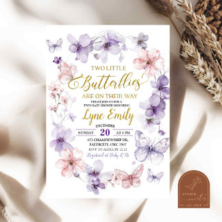 Invitation Papillon rose violet Baby shower Floral Twins