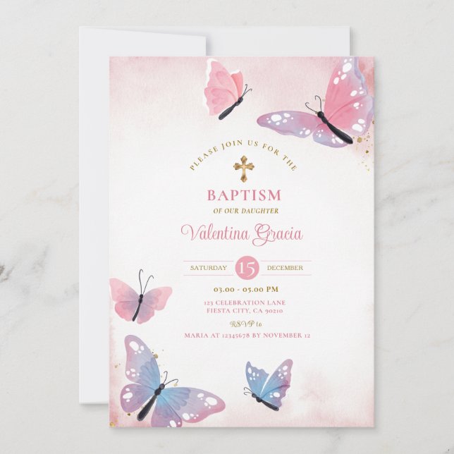 Invitation Papillon rose violet Baptême Gold Cross Fleurs (Devant)