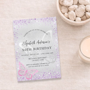 Invitation papillon rose violet d'argent d'anniversaire