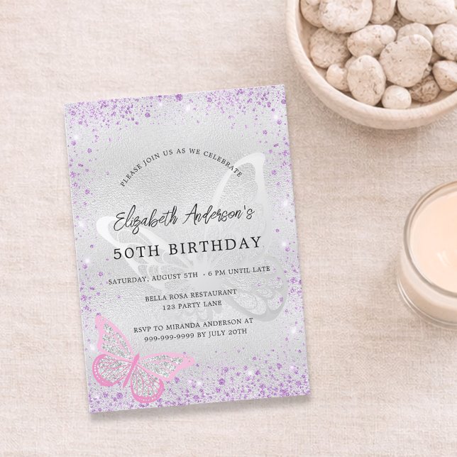 Invitation papillon rose violet d'argent d'anniversaire (Créateur téléchargé)