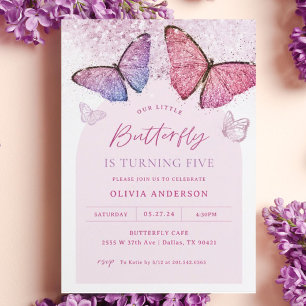 Invitation Papillon rose violet fille 5e fête d'anniversaire