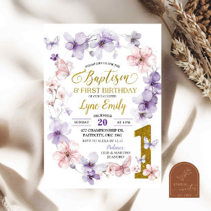 Invitation Papillon rose violet floral Baptême 1er anniversai