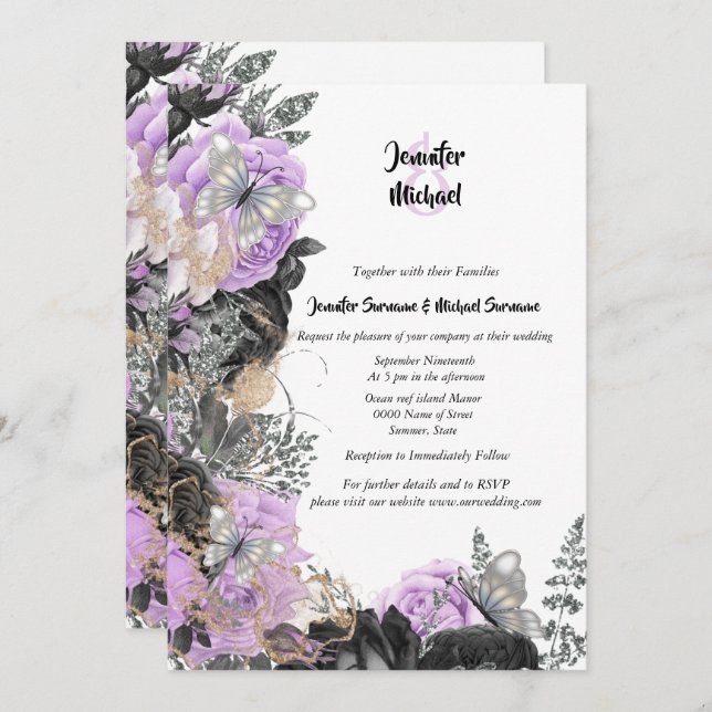 Invitation Papillon rose violet gris chic mariage élégant (Devant / Derrière)