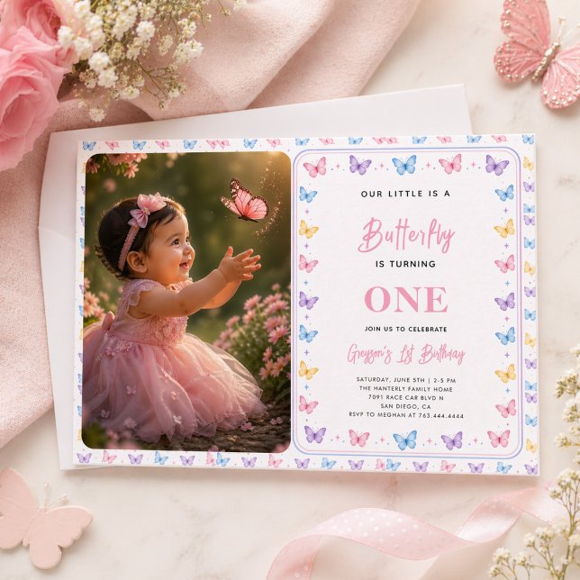 Invitation Papillon Rose Violet Mignon 1er Anniversaire pour  (Cute Pink Purple Butterfly 1st Birthday for Girls)