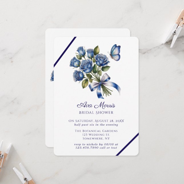 Invitation Papillon Roses Bleues Argent Mariage (Devant/Arrière en situation)
