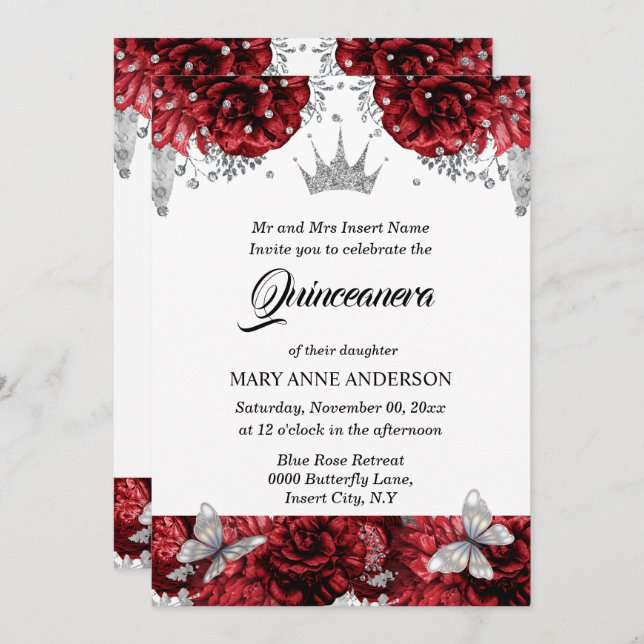 Invitation Papillon rouge argent tiara bleu rose quinceanera (Devant / Derrière)