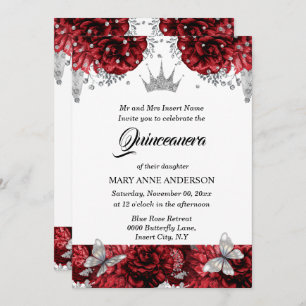 Invitation Papillon rouge argent tiara bleu rose quinceanera