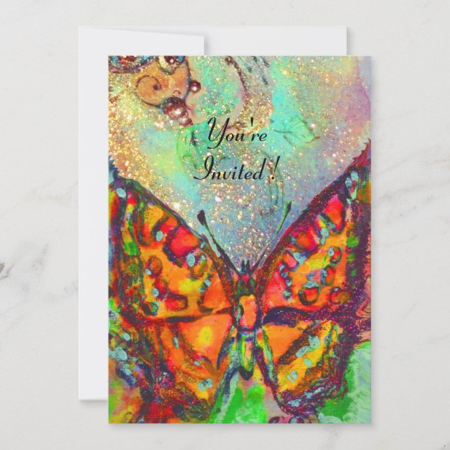 INVITATION PAPILLON ROUGE DANS DES PAILLETTES BLEU VERT TURQU (Devant)