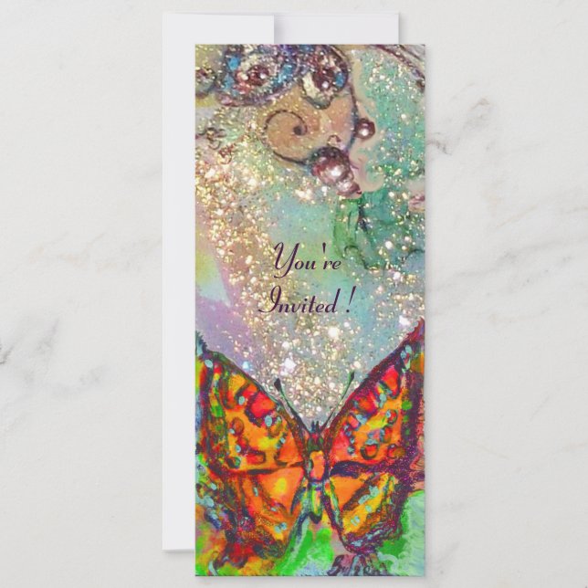 INVITATION PAPILLON ROUGE DANS DES PAILLETTES BLEU VERT TURQU (Devant)