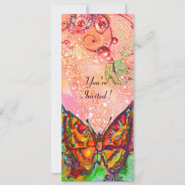 INVITATION PAPILLON ROUGE DANS FUCHSIA ROSE PAILLETES D'OR (Devant)
