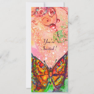 INVITATION PAPILLON ROUGE DANS FUCHSIA ROSE PAILLETES D'OR