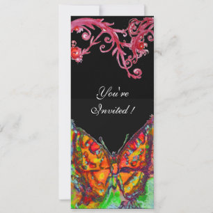 Invitation PAPILLON ROUGE, TOURBILLONS FLORAUX Or Jaune Noir