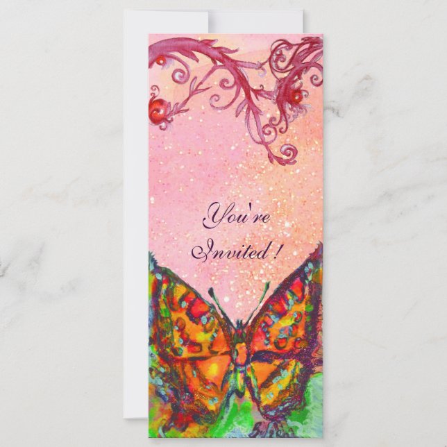 INVITATION PAPILLON ROUGE TOURBILLONS FUCHSIA ROSE, PAILLETTE (Devant)