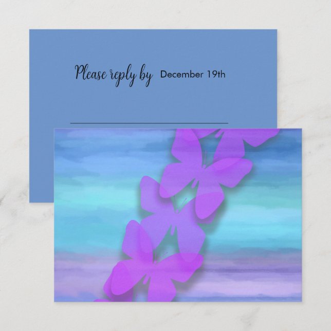 Invitation Papillon RSVP Turquoise Purple Aquarelle (Devant / Derrière)