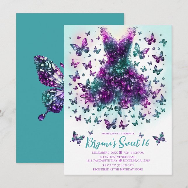 Invitation Papillon sarcelle Alexandrite Robe Pierre de naiss (Devant / Derrière)