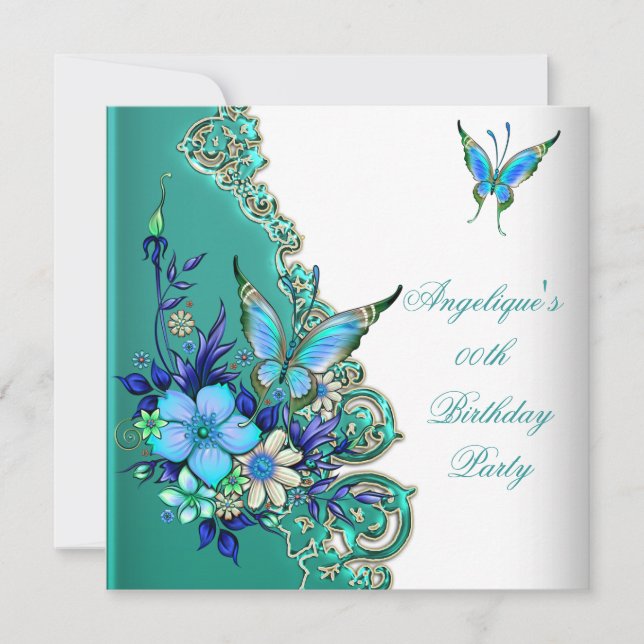Invitation Papillon sarcelle bleue florale or blanc Party (Devant)