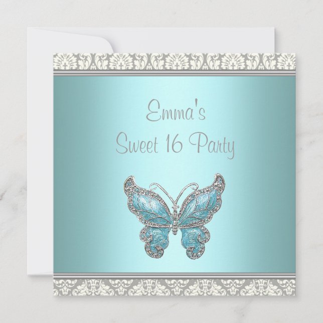Invitation Papillon sarcelle damas fête Sweet 16 (Devant)