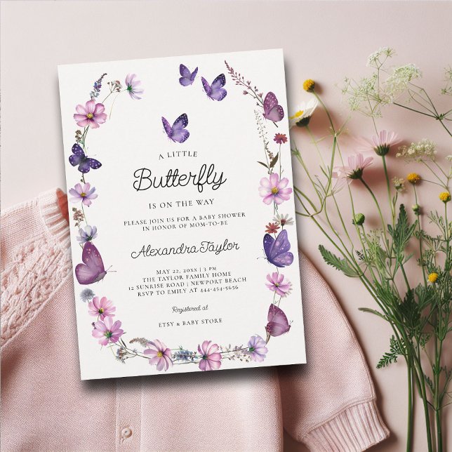 Invitation Papillon sauvage violet mauve rose bébé fille Douc (little butterfly baby girl shower invitation cottage garden watercolor purple wildflowers boho frame)