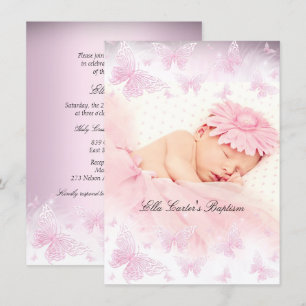 Invitation Papillon scintillant blanc rose Baptême