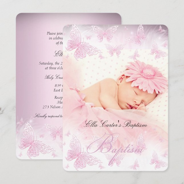 Invitation Papillon scintillant blanc rose baptême christenin (Devant / Derrière)