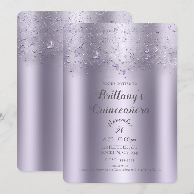 Invitation Papillon scintillant lilas Quinceañera (Devant / Derrière)